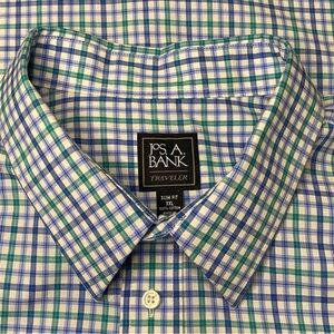 Jos A Bank Traveler's Collection Dress Shirt Men 2X Blue Green Check Slim Fit